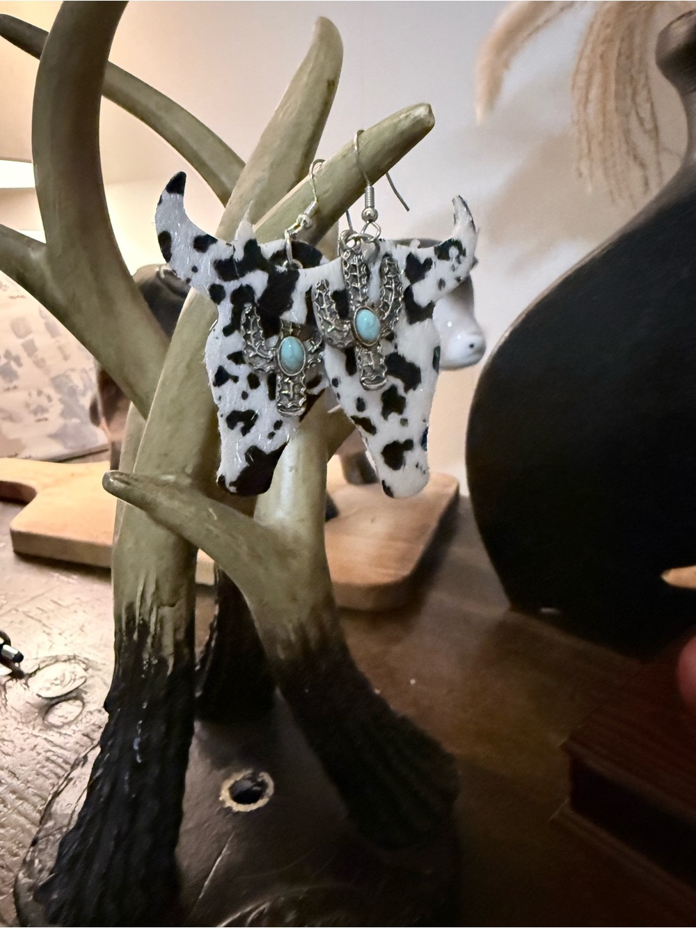 Cowhide Longhorn Earrings with Turquoise Accent